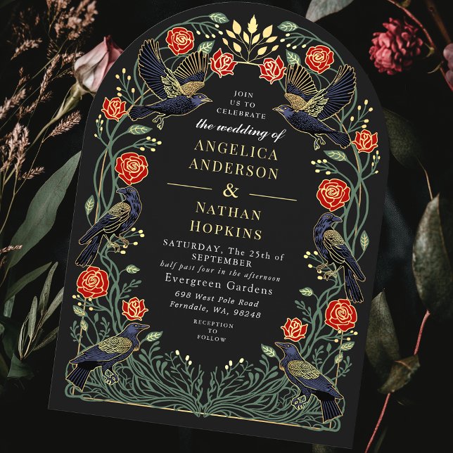 Enchanted Raven Red Roses Gothic Wedding Ach Invitation (Creator Uploaded)