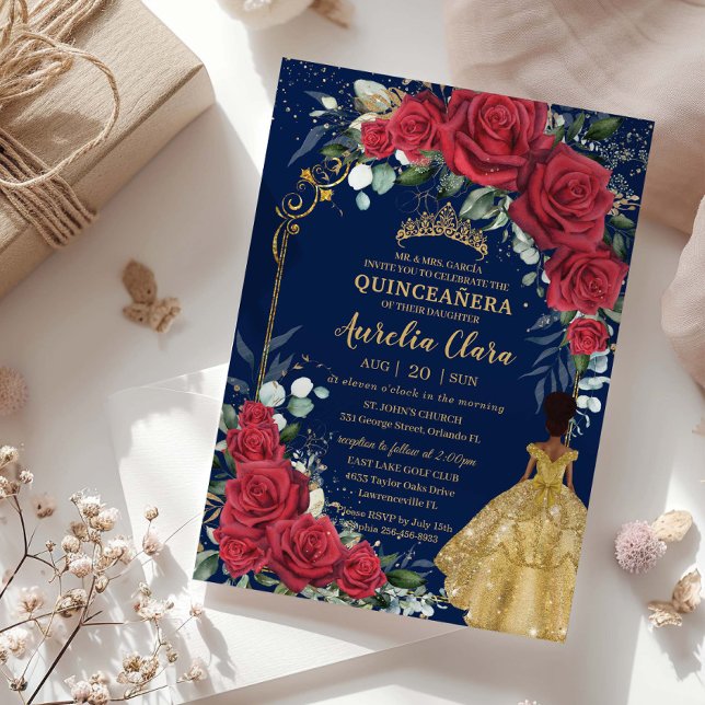 Enchanted Red Rose Floral Black Brown Quinceañera Invitation (Creator Uploaded)