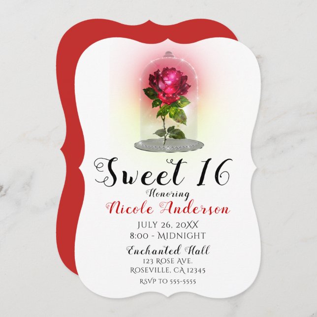 Enchanted Red Rose Sparkly Sweet 16 Birthday Party Invitation (Front/Back)