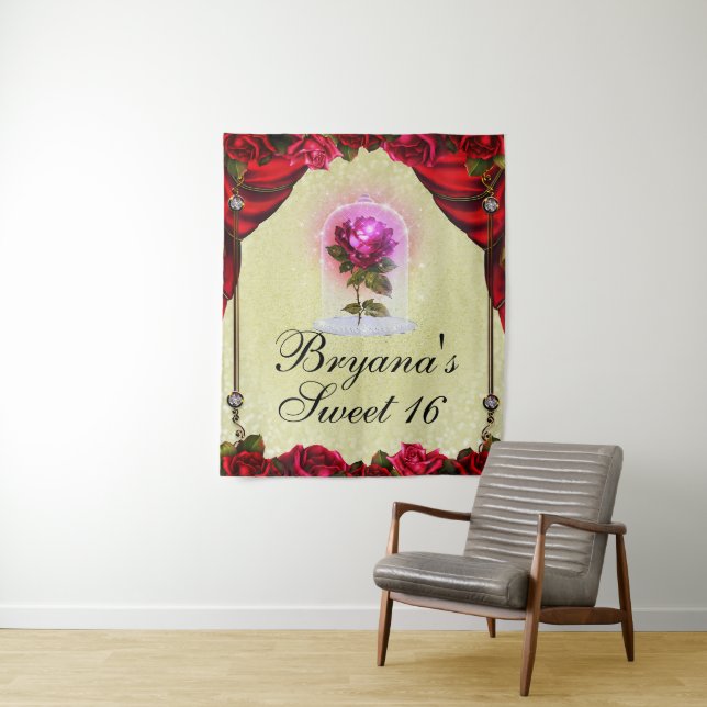 Enchanted Red Rose Sweet 16 Beauty Party Backdrop Tapestry (In Situ)