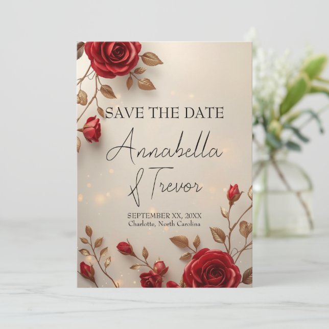Enchanted Red Roses and Lights Romantic Wedding Save The Date (Standing Front)