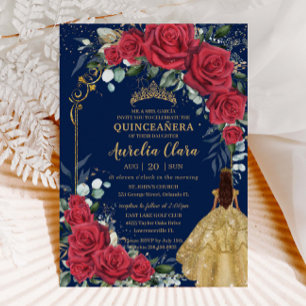 Enchanted Red Roses Floral Navy Blue Quinceañera Invitation