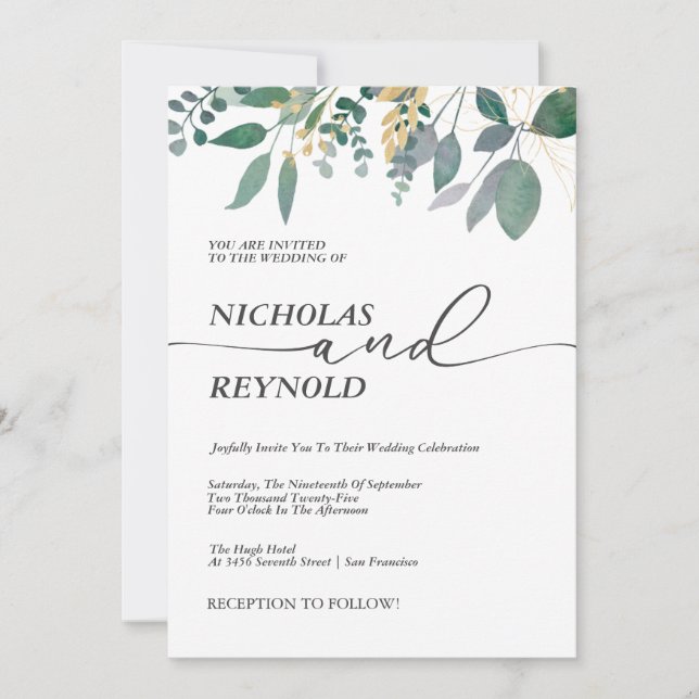 Enchanted Romance Eucalyptus Leaves Wedding Invitation (Front)