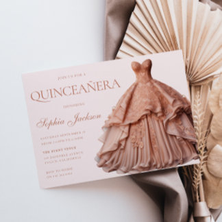 Enchanted Rose Gold Dress Gown Quinceanera  Invitation
