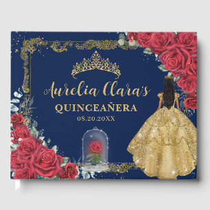 Enchanted Rose Red Floral Black Hair Quinceanera Guest Book