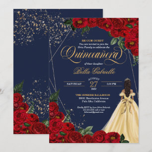 Enchanted Rose Red & Gold Fairytale Quinceañera Invitation