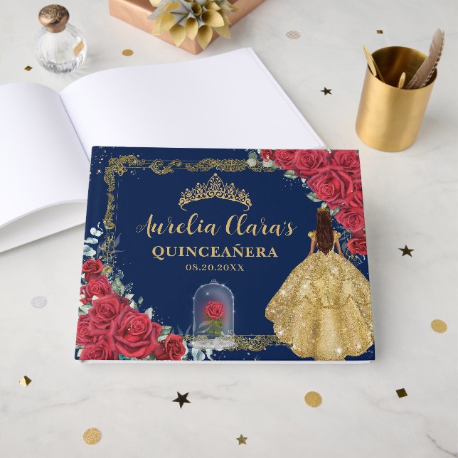 Enchanted Rose Red Roses Princess Gold Quinceanera Guest Book (Front Open)