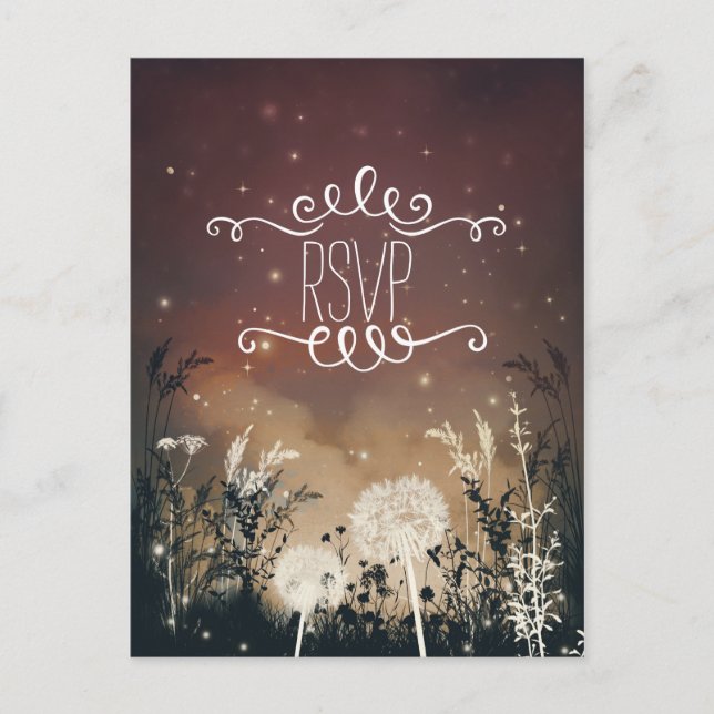 Enchanted Rustic Night Sky Stars & Foliage RSVP Invitation Postcard (Front)