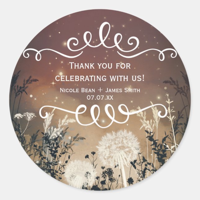 Enchanted Rustic Sky Stars & Foliage Wedding Favou Classic Round Sticker (Front)