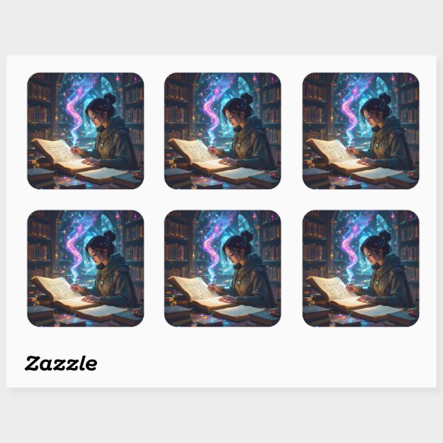 Enchanted Scholar in a Mystical Library Square Sticker (Sheet)