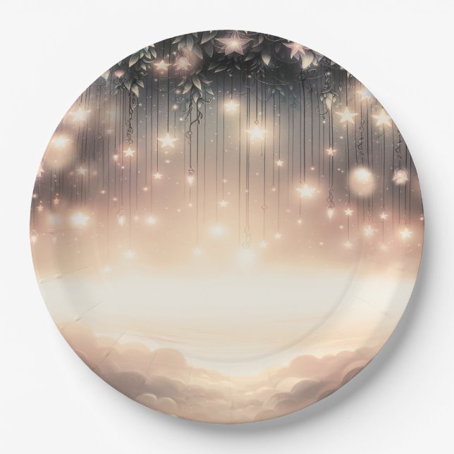 Enchanted Sky Tree Glow Stars & Clouds  Paper Plate (Front)
