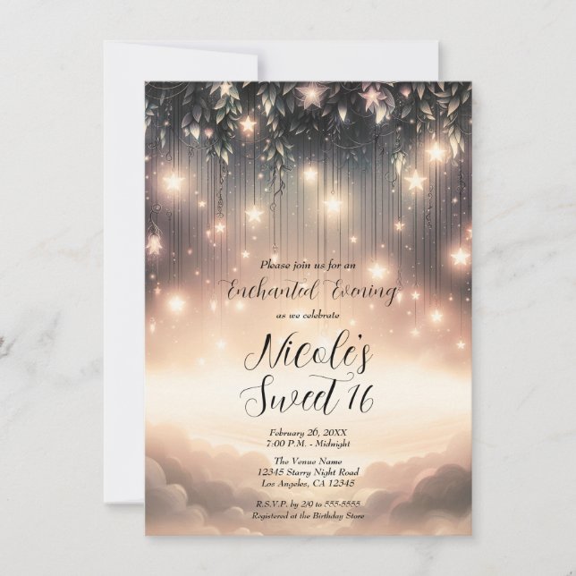Enchanted Sky Tree Glow  Stars & Clouds Sweet 16 Invitation (Front)