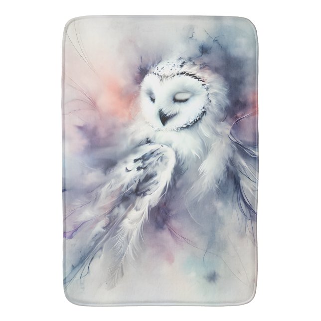 Enchanted Snowy Owl in Watercolor Bath Mat (Front Vertical)