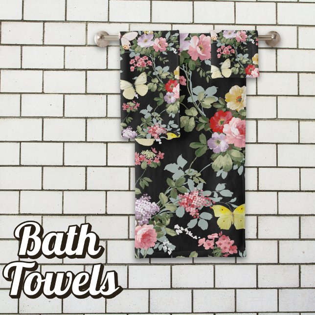 Enchanted Spring: Black Floral & Butterfly Country Bath Towel Set (Bloom in Style: Your Bathroom's Secret Garden Awaits.)