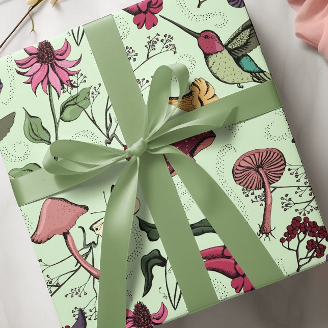 Enchanted Spring Garden Hummingbird Floral Wrapping Paper (Vibrant enchanted garden with cute hummingbird, mushrooms, wildflowers and fairy vibe swirls. )