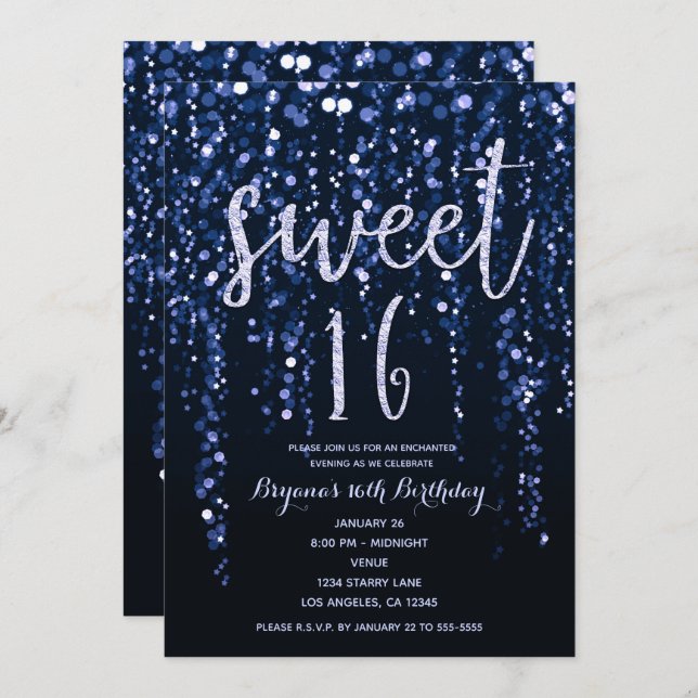 Enchanted Star Lights Blue Violet Sweet 16 Party  Invitation (Front/Back)