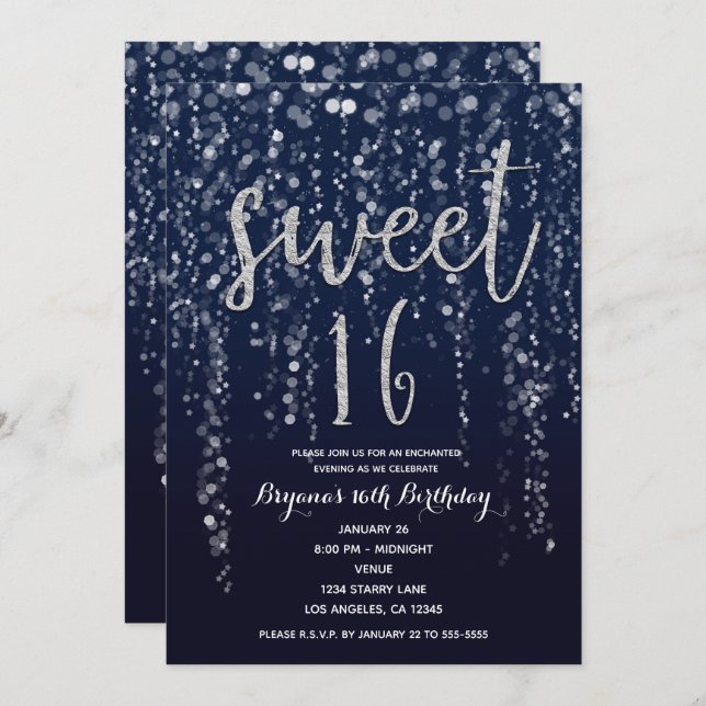 Enchanted Star Lights Silver & Blue Sweet 16 Party Invitation (Front/Back)