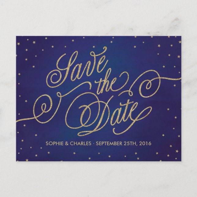 Enchanted Stars Blue & Gold Save the Date Postcard (Front)