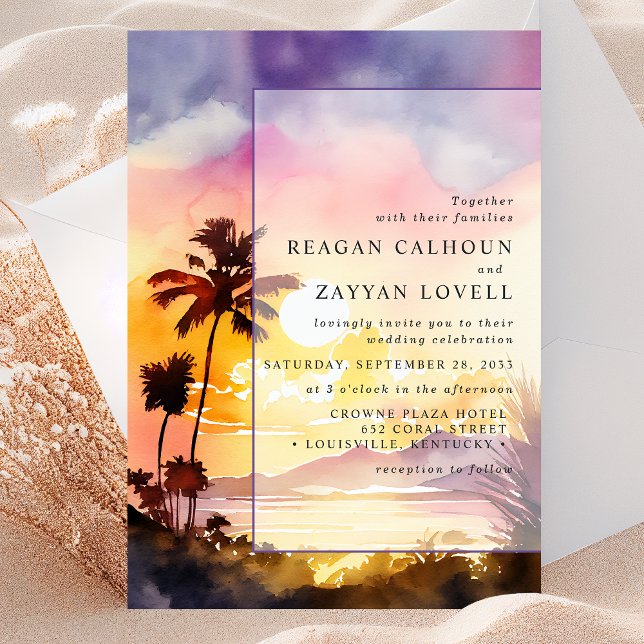 Enchanted Sunset Evening Palm Watercolor Wedding Invitation (Creator Uploaded)