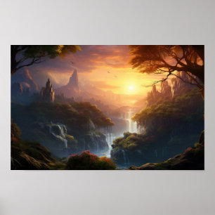 Enchanted Sunset Valley — Fantasy Landscape Art Po Poster