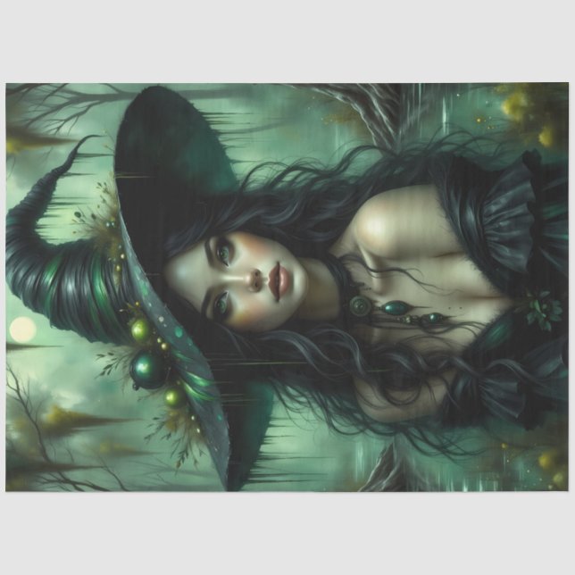 Enchanted Swamp Witch in Emerald Forest Fantasy Tissue Paper (Front)