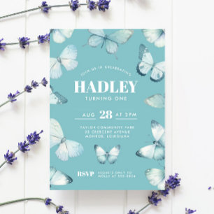 Enchanted Teal Blue Butterfly Girl Birthday Invitation