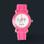Enchanted Time: Personalised Unicorn Glittery Pink Watch<br><div class="desc">Delight your little one with the "Enchanted Time" Personalised Unicorn Watch, a perfect gift for birthdays or any special occasion. This charming watch features a whimsical rainbow-haired unicorn, adorned with a crown, floral accents, and sleepy cute lashes, set against a glittery pink background. Designed with kids in mind, the watch...</div>
