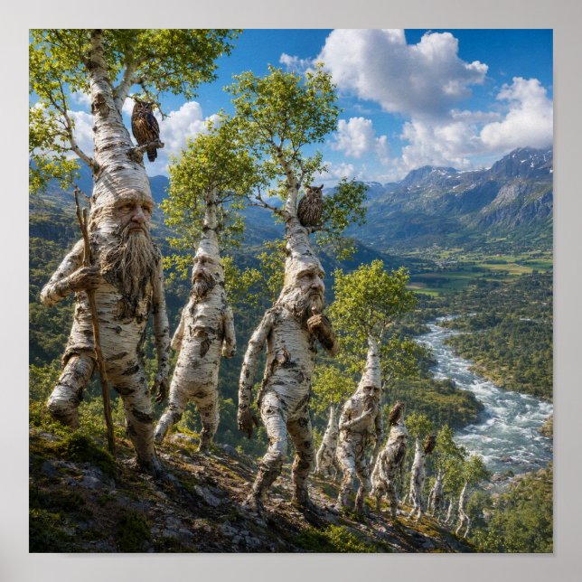 Enchanted Tree Beings on Hillside Poster (Front)