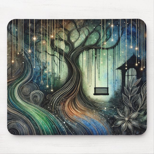 Enchanted Tree Swing and Glowing Lights at Night Mouse Pad (Front)