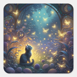 Enchanted Twilight Art Nouveau Kitten Square Sticker