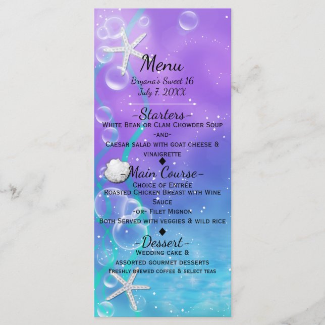 Enchanted Under The Sea Beach Party Menu Card (Front)