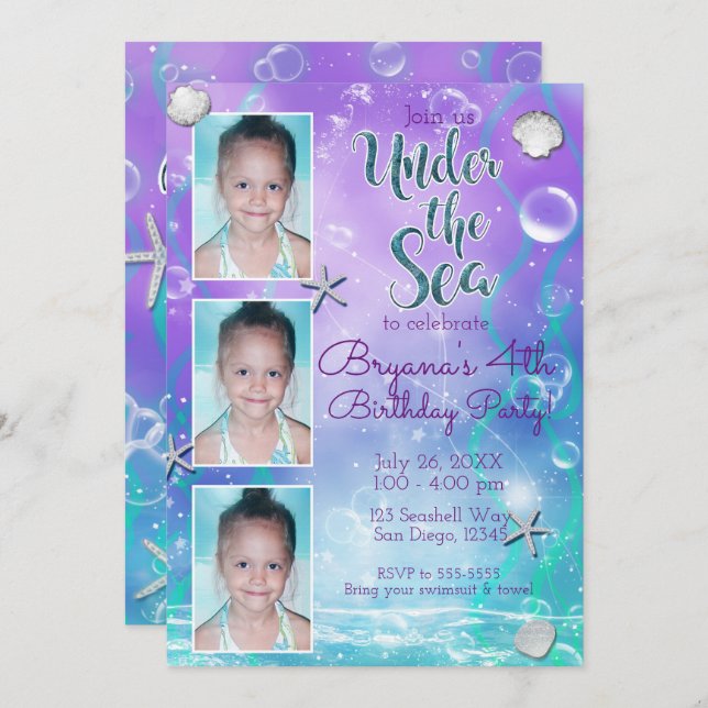 Enchanted Under the Sea Purple Teal 3 Photo Party Invitation (Front/Back)