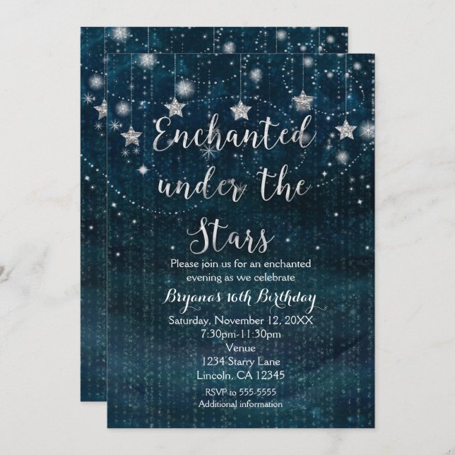 Enchanted under the Stars Silver & Blue Invitation (Front/Back)
