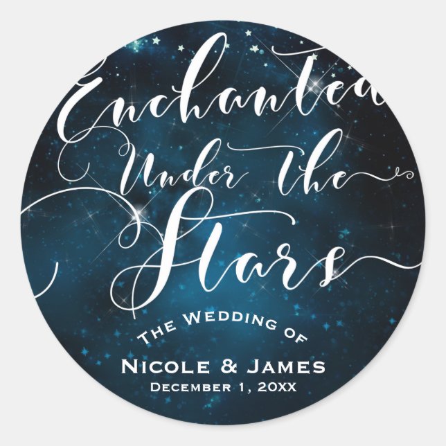 ENCHANTED UNDER THE STARS Starry Blue Wedding Classic Round Sticker (Front)