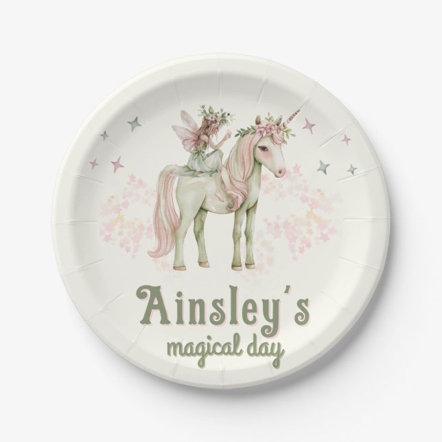 Enchanted Unicorn and Fairy Personalised Birthday Paper Plate (Front)