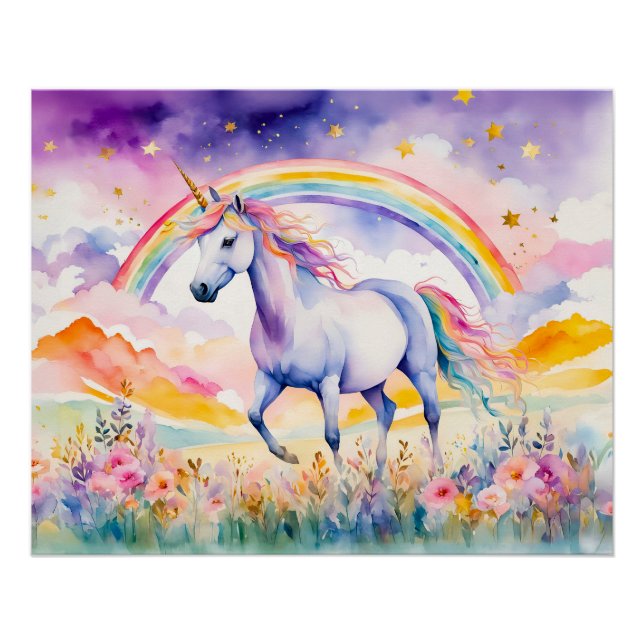 Enchanted Unicorn Beneath A Glowing Rainbow Sky Poster (Front)