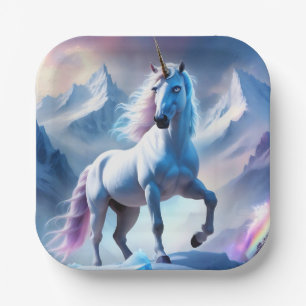 Enchanted Unicorn in a Snowy Fantasy Paper Plate