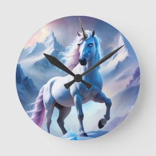 Enchanted Unicorn in a Snowy Fantasy Round Clock