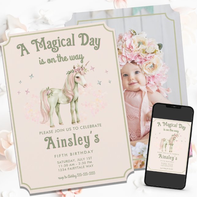 Enchanted Unicorn Personalised Photo Pink Birthday Invitation (Creator Uploaded)