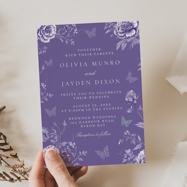 Enchanted Vintage Purple Butterfly Floral Wedding Invitation (Creator Uploaded)