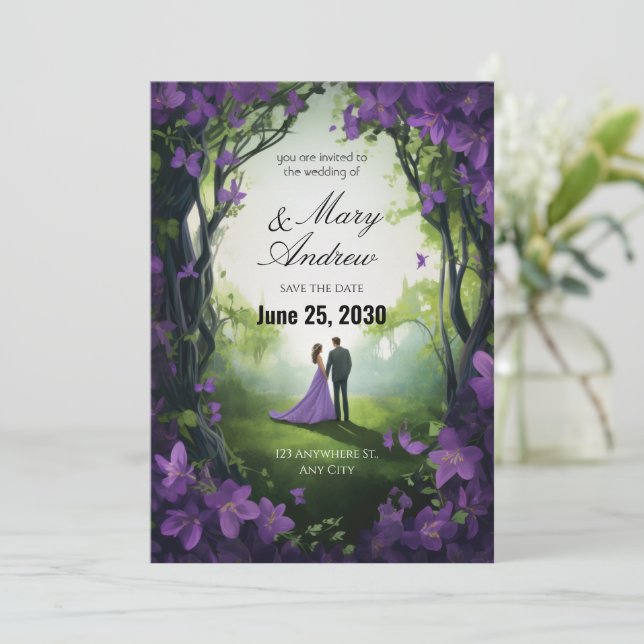 Enchanted Violet Garden Wedding Invitation (Standing Front)