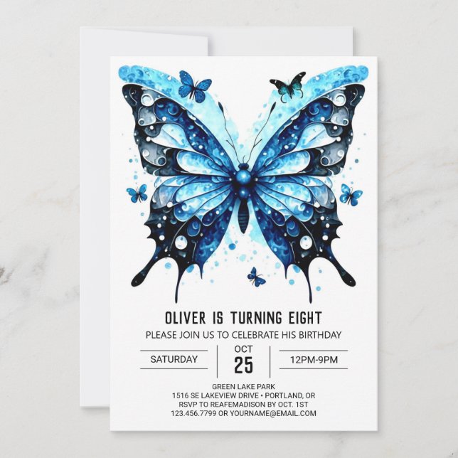Enchanted Watercolor Butterfly Boy Birthday  Invitation (Front)