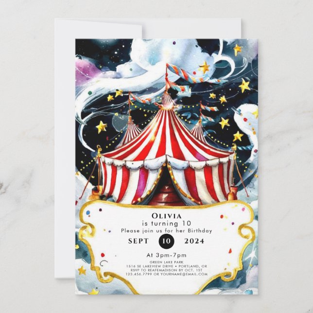 Enchanted Watercolor Circus Birthday Invitation (Front)