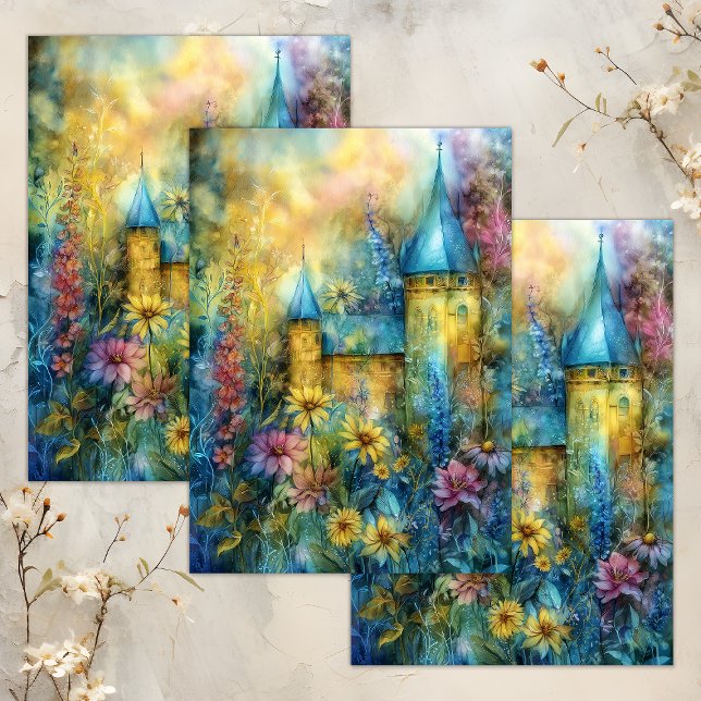 ENCHANTED WATERCOLOR FAIRY CASTLE DECOUPAGE TISSUE PAPER (ENCHANTED WATERCOLOR GARDEN CASTLE DECOUPAGE TISSUE PAPER)