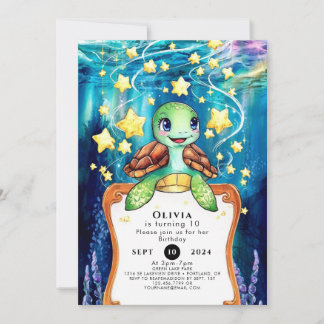 Enchanted Watercolor Turtle Birthday  Invitation