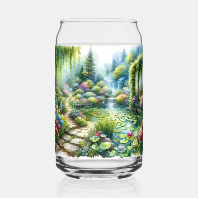 Enchanted Waterfall Garden Lily Pond Can Glass (Front)