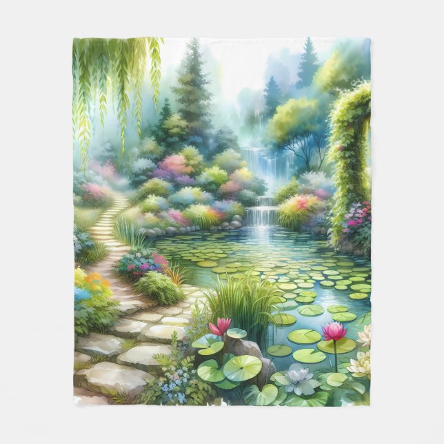 Enchanted Waterfall Garden Lily Pond Fleece Blanket (Front)