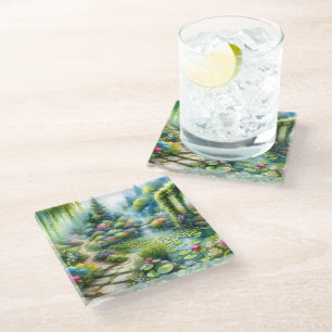 Enchanted Waterfall Garden Lily Pond Glass Coaster