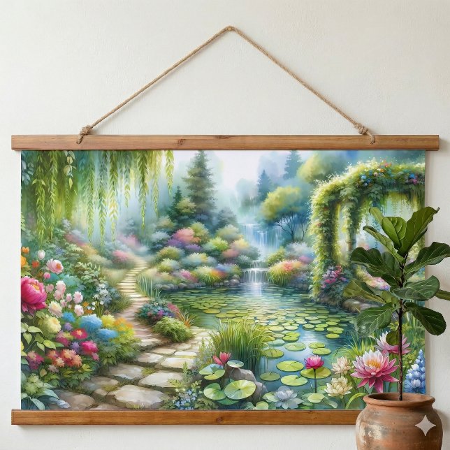 Enchanted Waterfall Garden Lily Pond Hanging Tapestry (Enchanted Waterfall Garden Lily Pond Hanging Tapestry On White Wall)