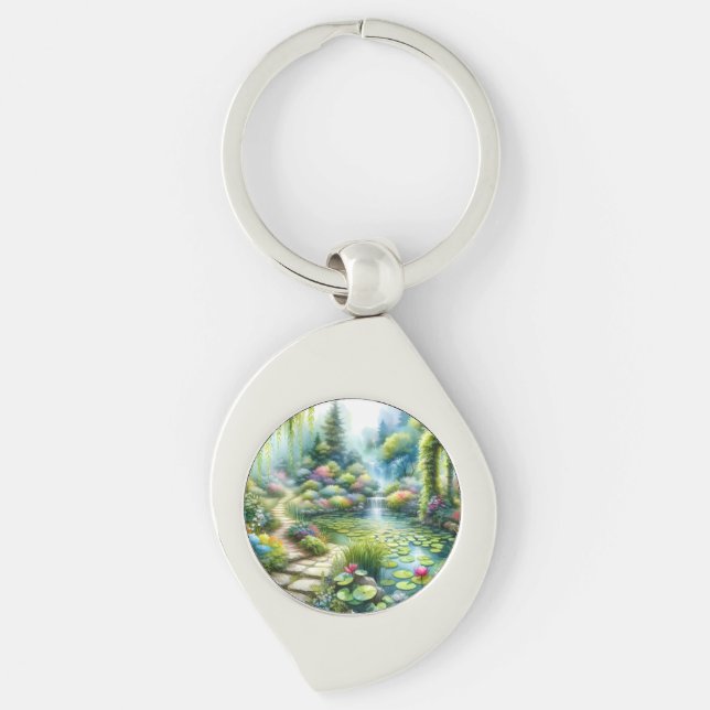 Enchanted Waterfall Garden Lily Pond Key Ring (Front)